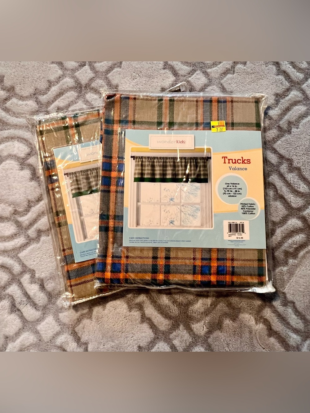 WonderKids Trucks Window Valance Plaid Nursery Curtain NIP